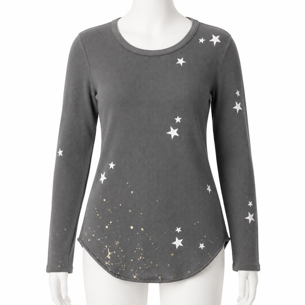 Chaser Gray Celestial Star Thermal Top Small Ribbed Long Sleeve Y2K Whimsigoth